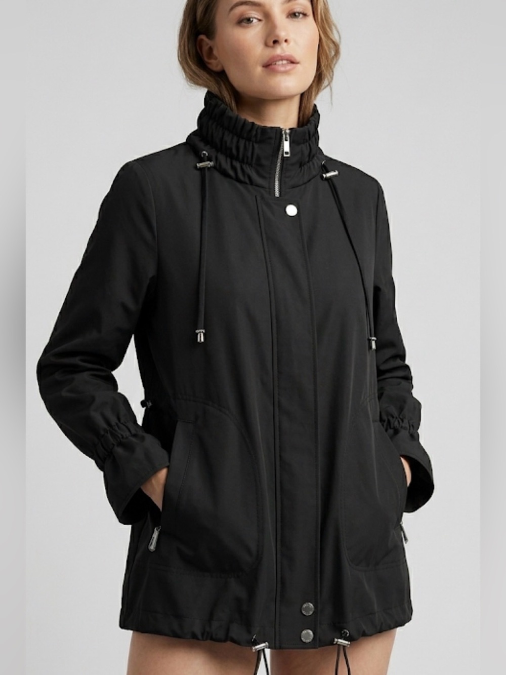 NWOT DKNY Black Zip Up Jacket Lightweight Silver Hardware Size XS travel